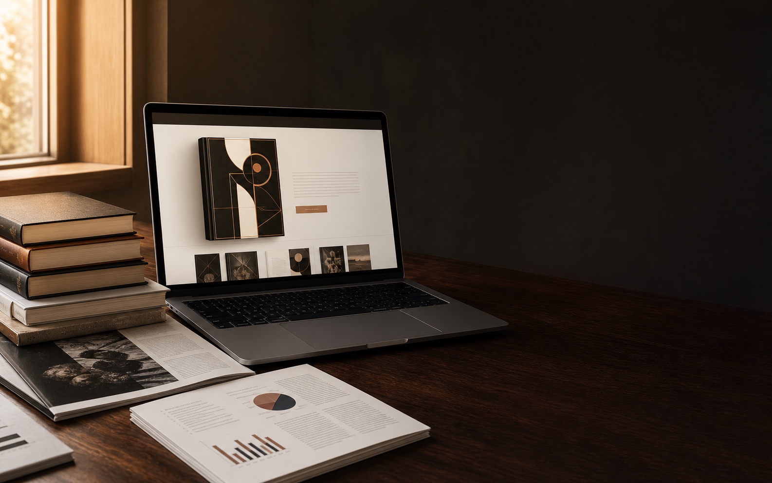 Un laptop muestra la portada de un libro junto a libros, artículos y un informe profesional